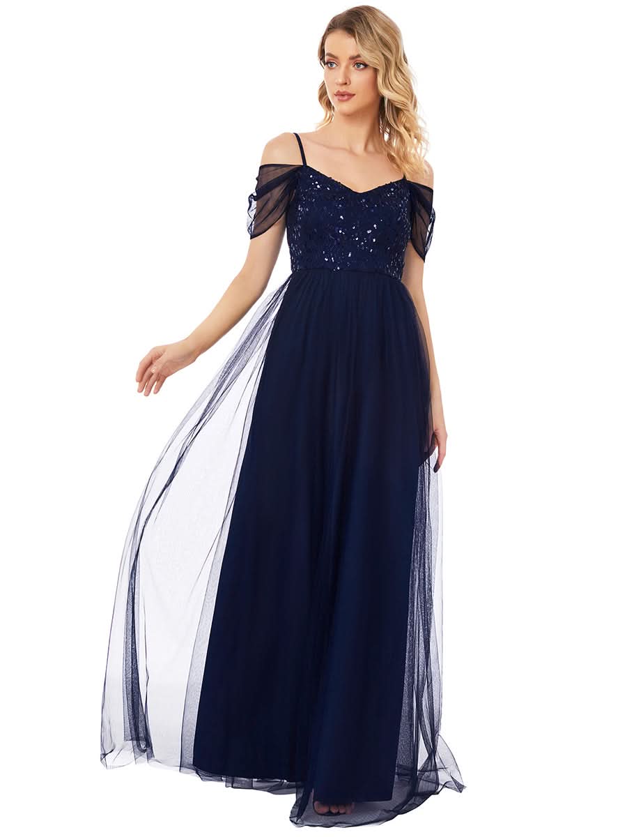 Größe Nach Maß Pailletten Mieder Kalte Schulter bodenlangen Tüll Brautjungfernkleid 00768