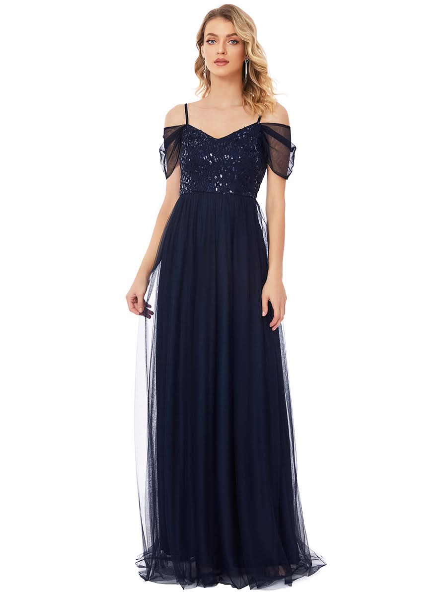 Größe Nach Maß Pailletten Mieder Kalte Schulter bodenlangen Tüll Brautjungfernkleid 00768
