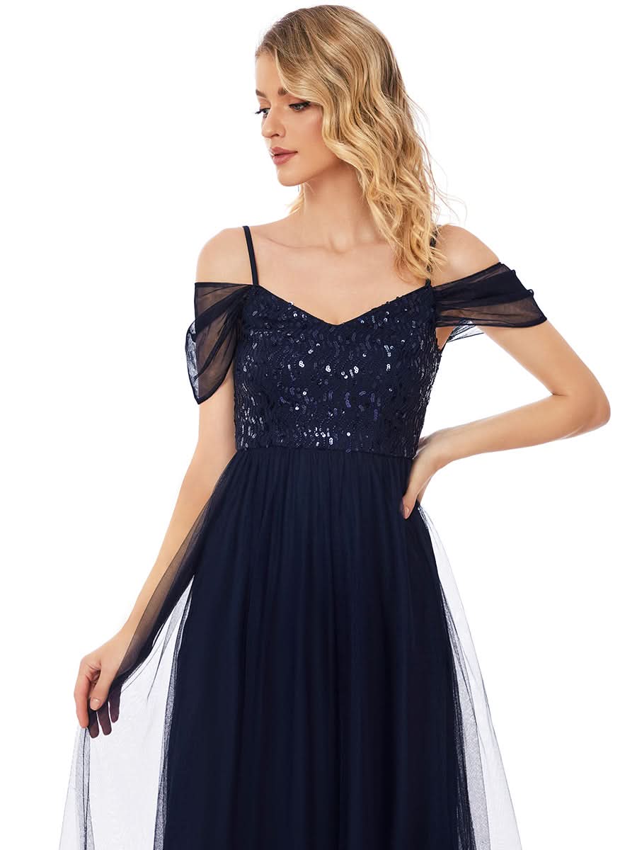 Größe Nach Maß Pailletten Mieder Kalte Schulter bodenlangen Tüll Brautjungfernkleid 00768