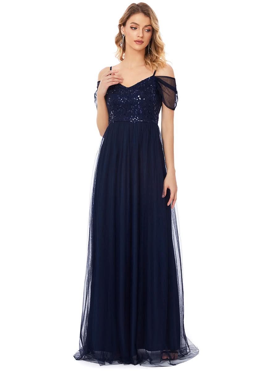 Größe Nach Maß Pailletten Mieder Kalte Schulter bodenlangen Tüll Brautjungfernkleid 00768