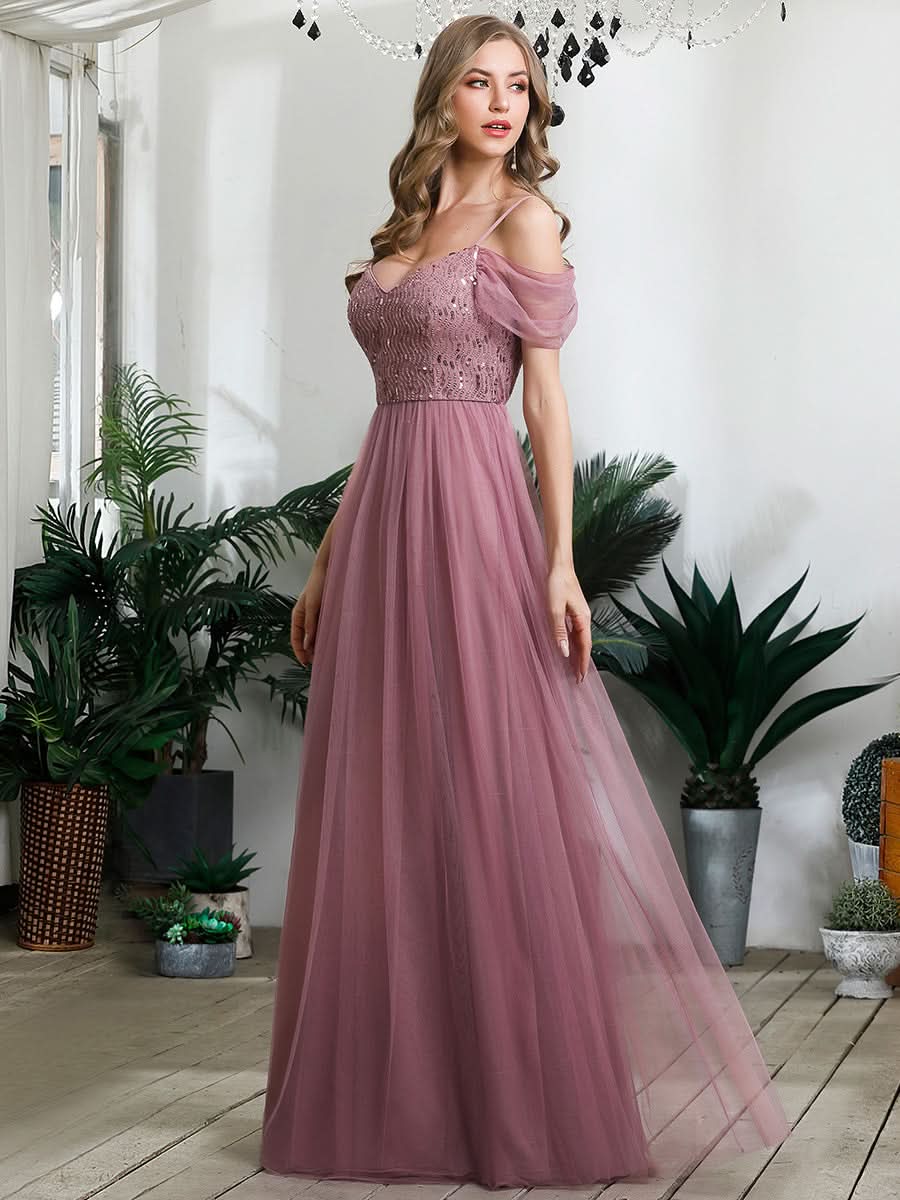 Größe Nach Maß Pailletten Mieder Kalte Schulter bodenlangen Tüll Brautjungfernkleid 00768