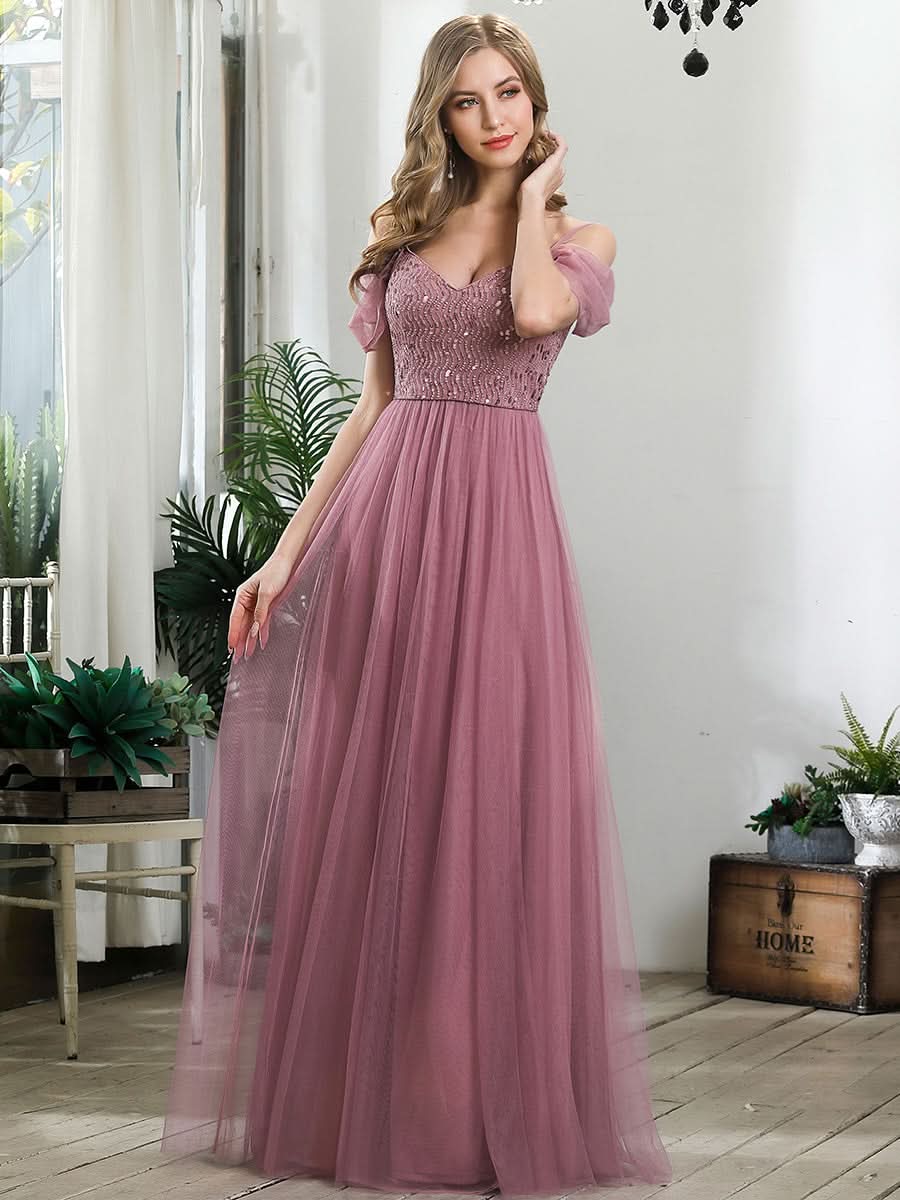 Größe Nach Maß Pailletten Mieder Kalte Schulter bodenlangen Tüll Brautjungfernkleid 00768