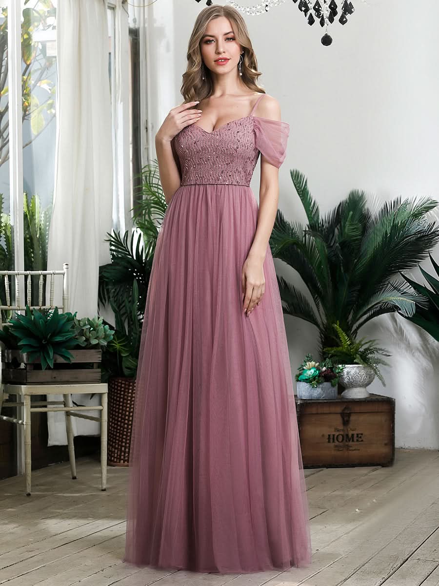 Größe Nach Maß Pailletten Mieder Kalte Schulter bodenlangen Tüll Brautjungfernkleid 00768