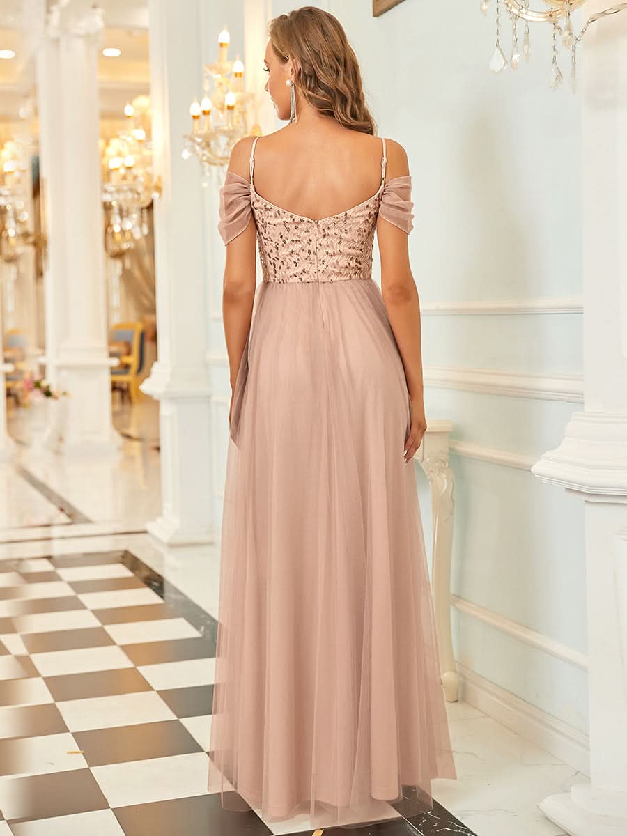 Größe Nach Maß Pailletten Mieder Kalte Schulter bodenlangen Tüll Brautjungfernkleid 00768