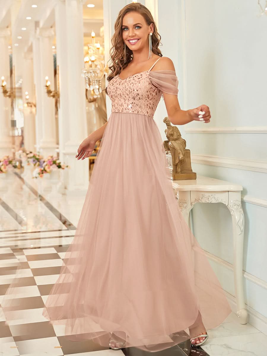 Größe Nach Maß Pailletten Mieder Kalte Schulter bodenlangen Tüll Brautjungfernkleid 00768