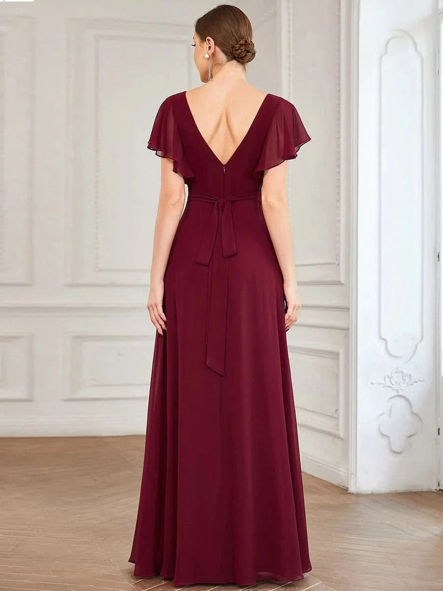 Größe Nach Maß Kurzes plissiertes bodenlanges Abendkleid mit FlatterÄrmeln 0101A