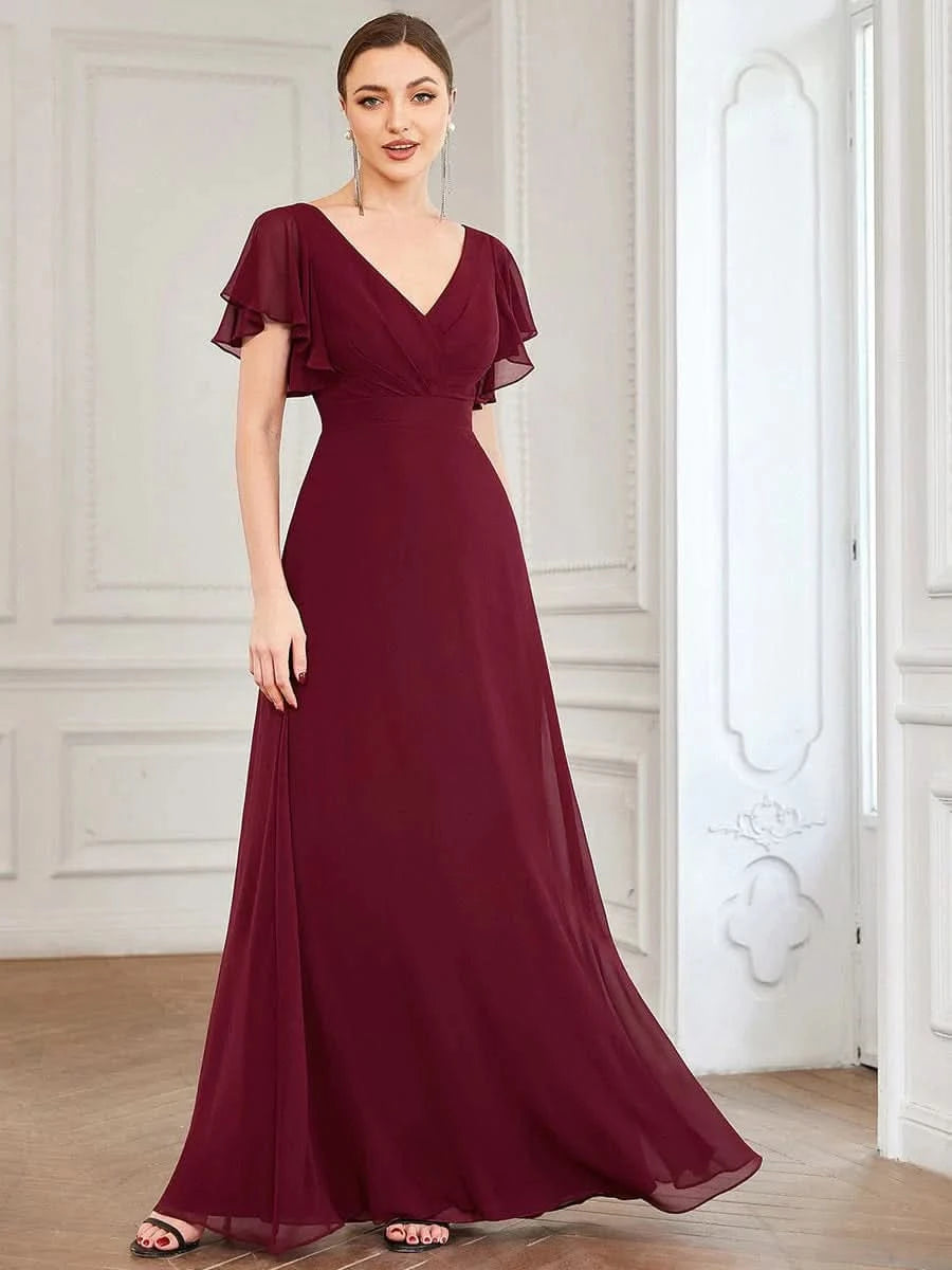 Größe Nach Maß Kurzes plissiertes bodenlanges Abendkleid mit FlatterÄrmeln 0101A