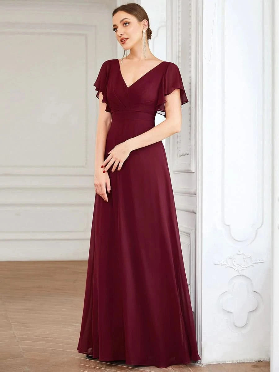 Größe Nach Maß Kurzes plissiertes bodenlanges Abendkleid mit FlatterÄrmeln 0101A