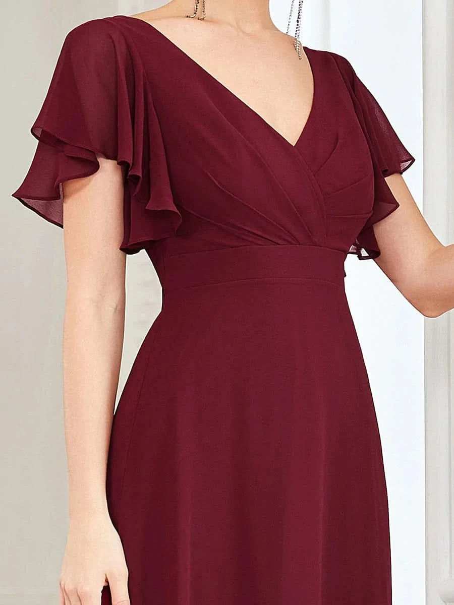 Größe Nach Maß Kurzes plissiertes bodenlanges Abendkleid mit FlatterÄrmeln 0101A