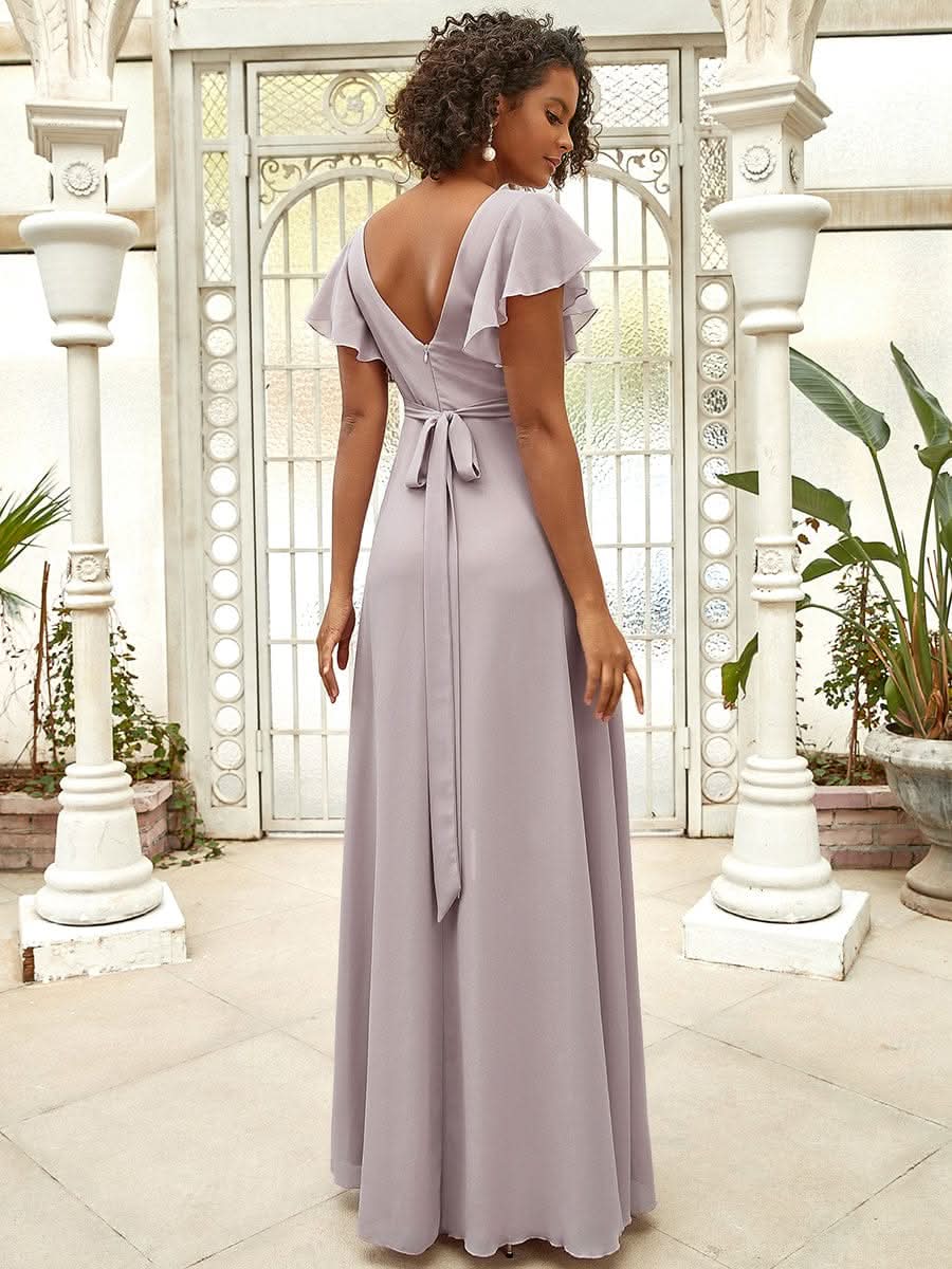 Größe Nach Maß Kurzes plissiertes bodenlanges Abendkleid mit FlatterÄrmeln 0101A