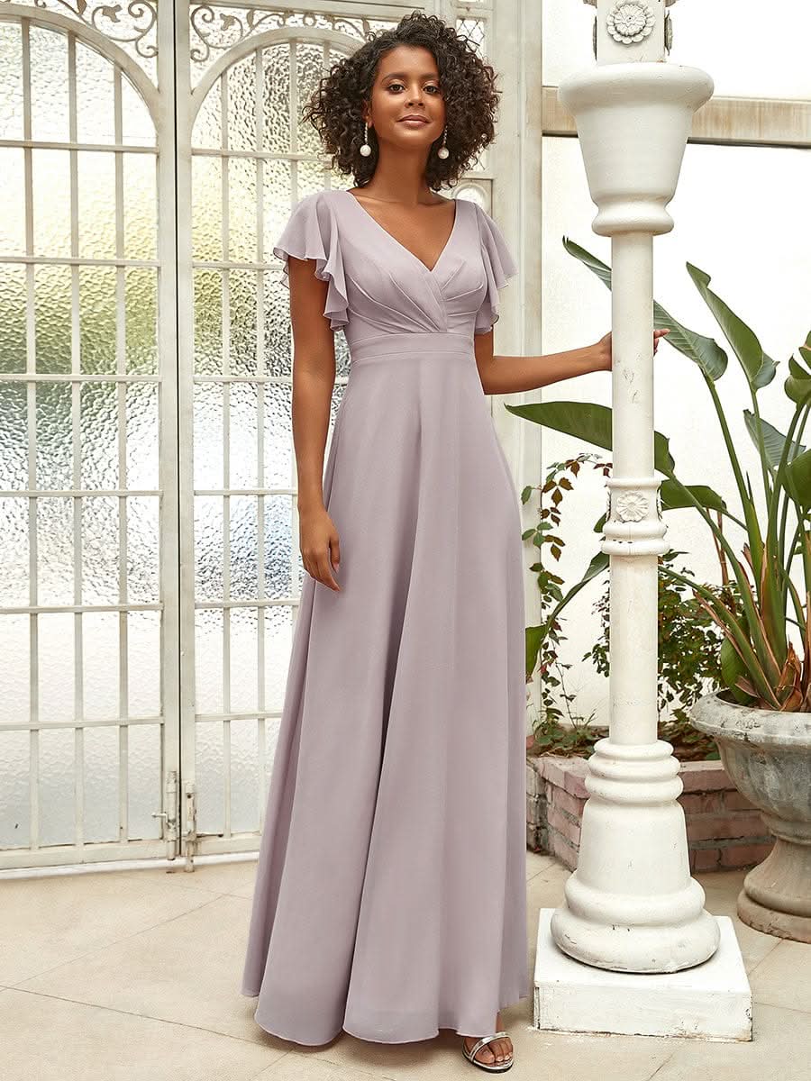Größe Nach Maß Kurzes plissiertes bodenlanges Abendkleid mit FlatterÄrmeln 0101A