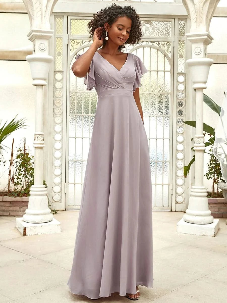 Größe Nach Maß Kurzes plissiertes bodenlanges Abendkleid mit FlatterÄrmeln 0101A