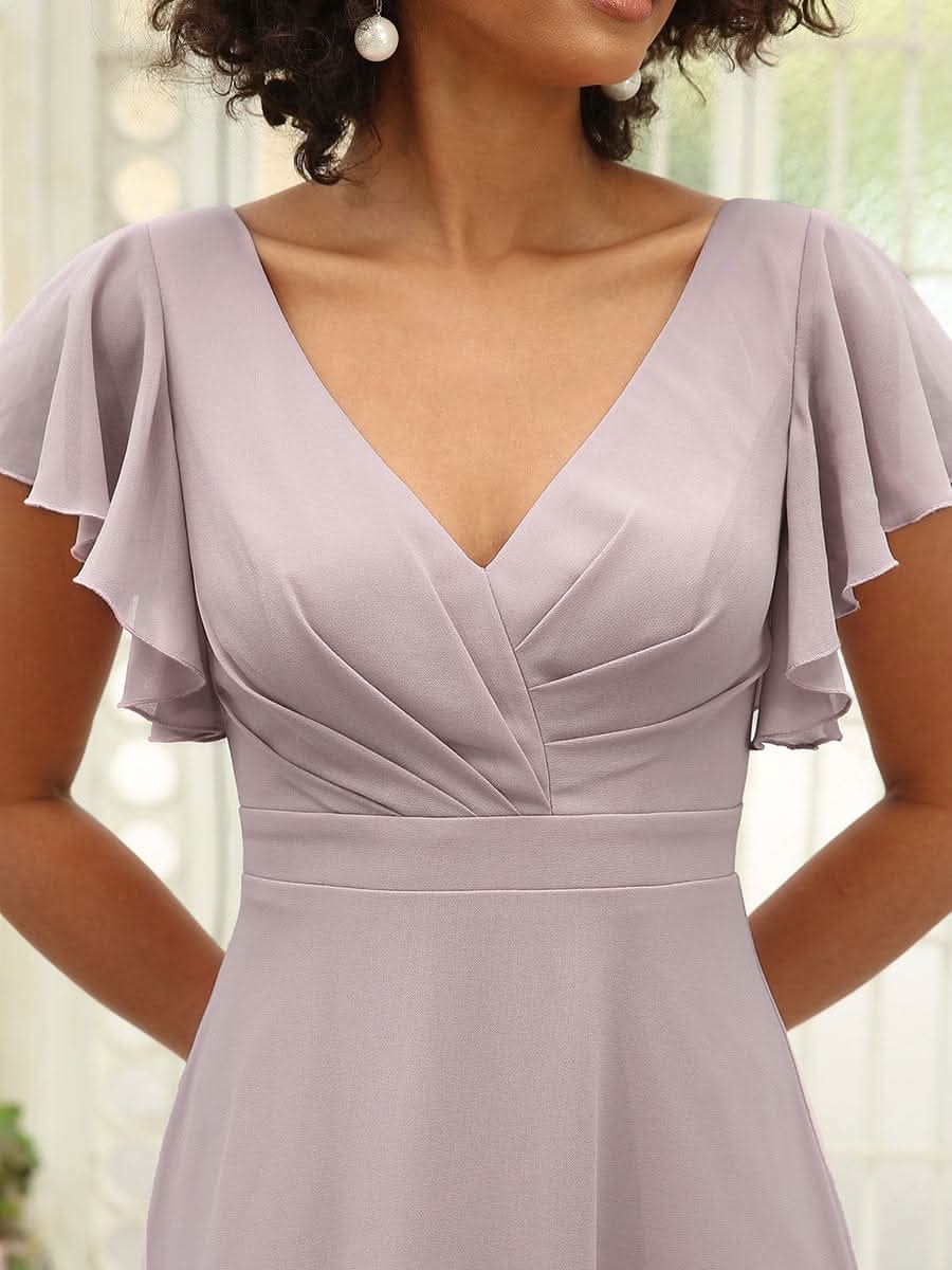 Größe Nach Maß Kurzes plissiertes bodenlanges Abendkleid mit FlatterÄrmeln 0101A
