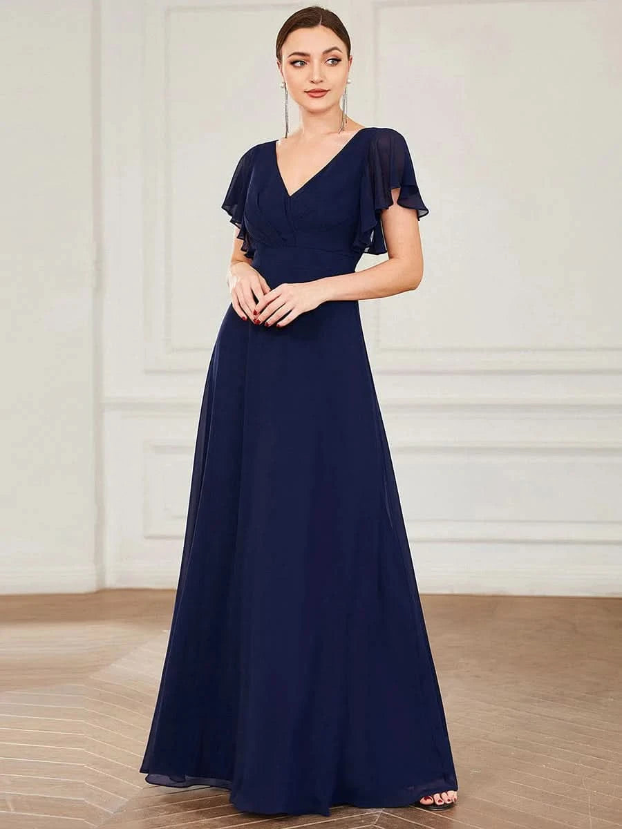 Größe Nach Maß Kurzes plissiertes bodenlanges Abendkleid mit FlatterÄrmeln 0101A