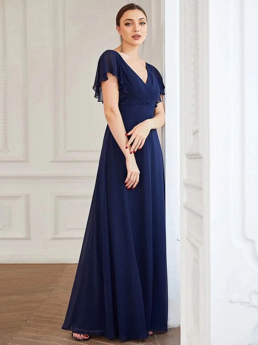 Größe Nach Maß Kurzes plissiertes bodenlanges Abendkleid mit FlatterÄrmeln 0101A