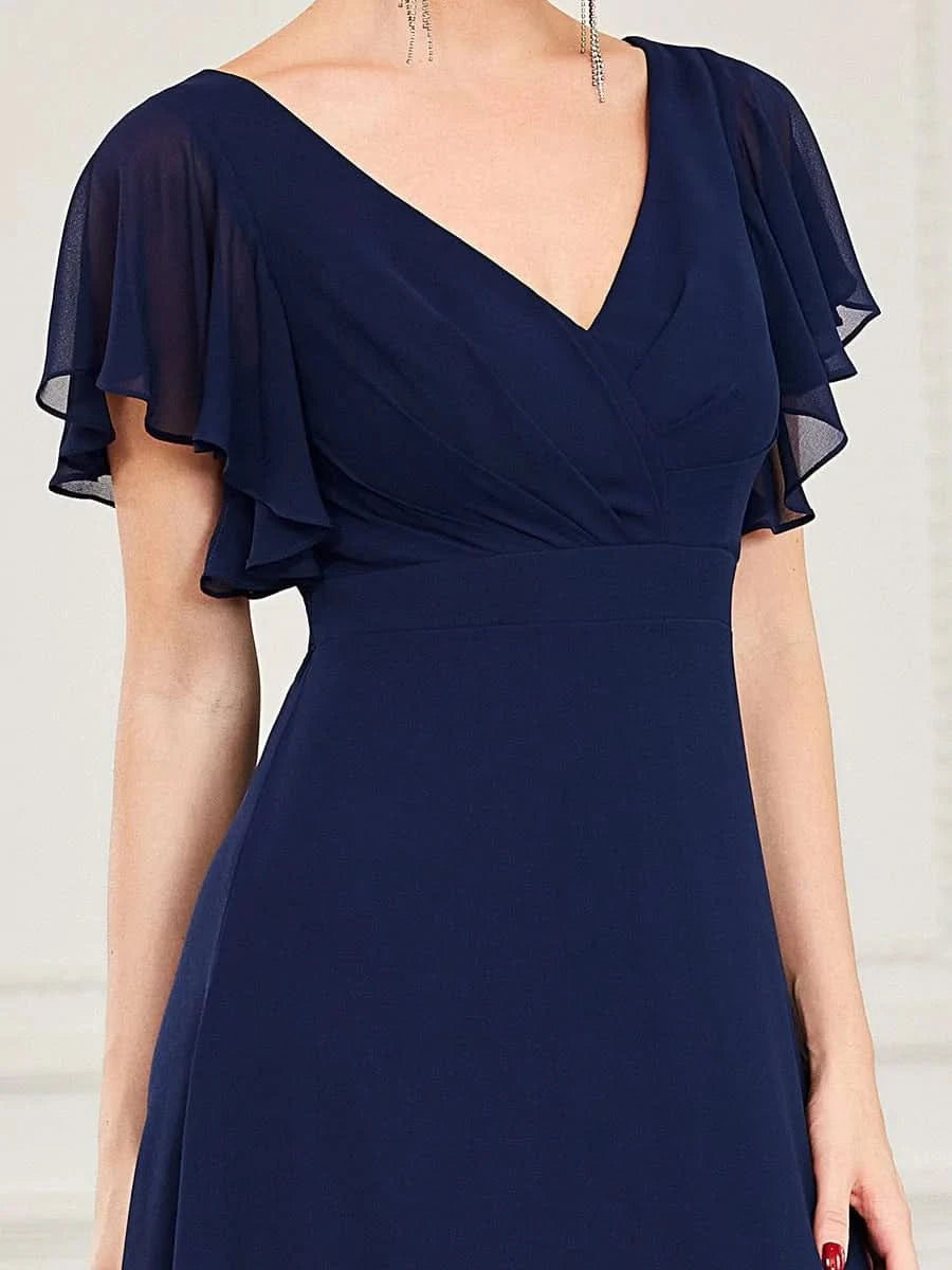 Größe Nach Maß Kurzes plissiertes bodenlanges Abendkleid mit FlatterÄrmeln 0101A