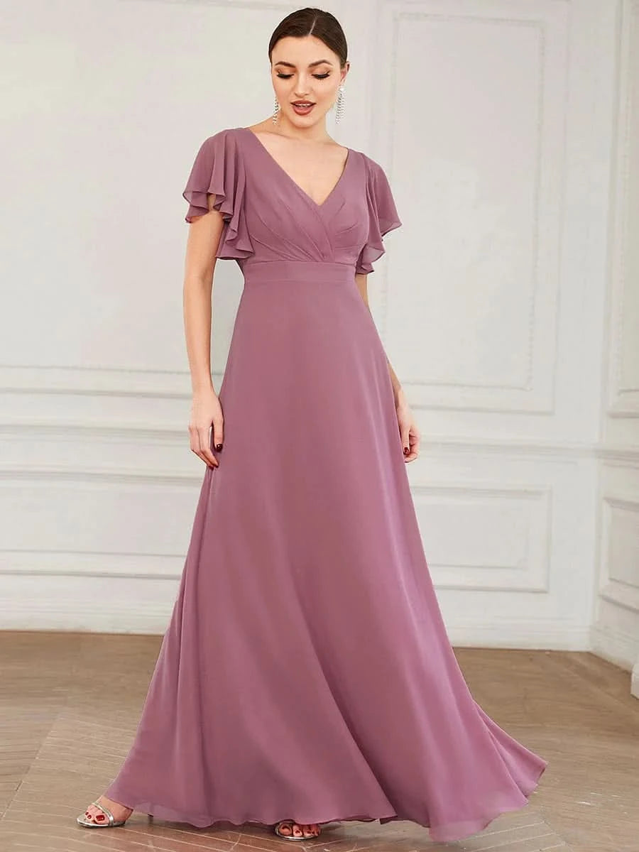 Größe Nach Maß Kurzes plissiertes bodenlanges Abendkleid mit FlatterÄrmeln 0101A