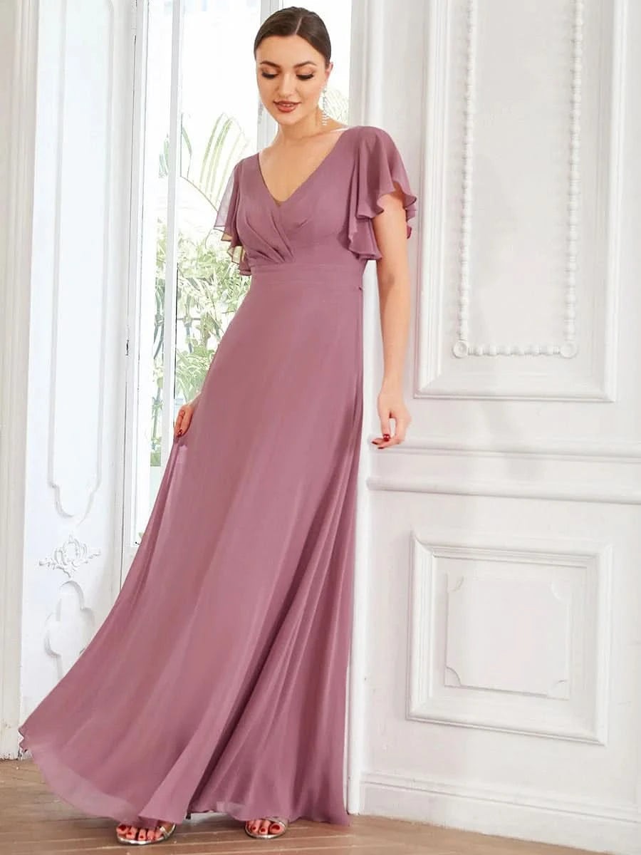 Größe Nach Maß Kurzes plissiertes bodenlanges Abendkleid mit FlatterÄrmeln 0101A