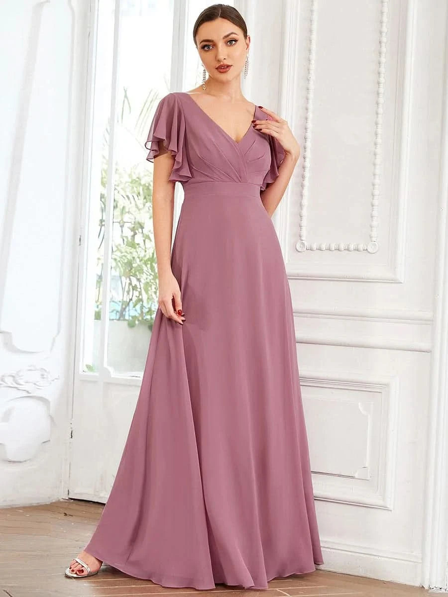 Größe Nach Maß Kurzes plissiertes bodenlanges Abendkleid mit FlatterÄrmeln 0101A