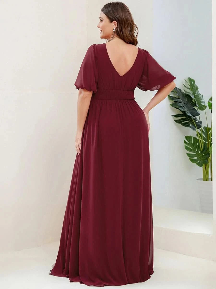 Größe Nach Maß Kurzärmliges Chiffon-Abendkleid mit V-Ausschnitt und Schlitz 01385