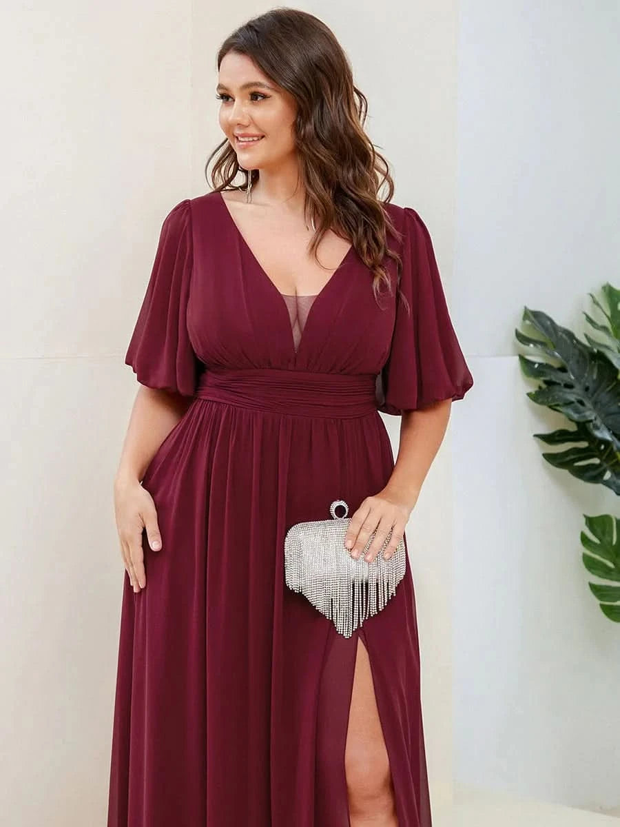Größe Nach Maß Kurzärmliges Chiffon-Abendkleid mit V-Ausschnitt und Schlitz 01385