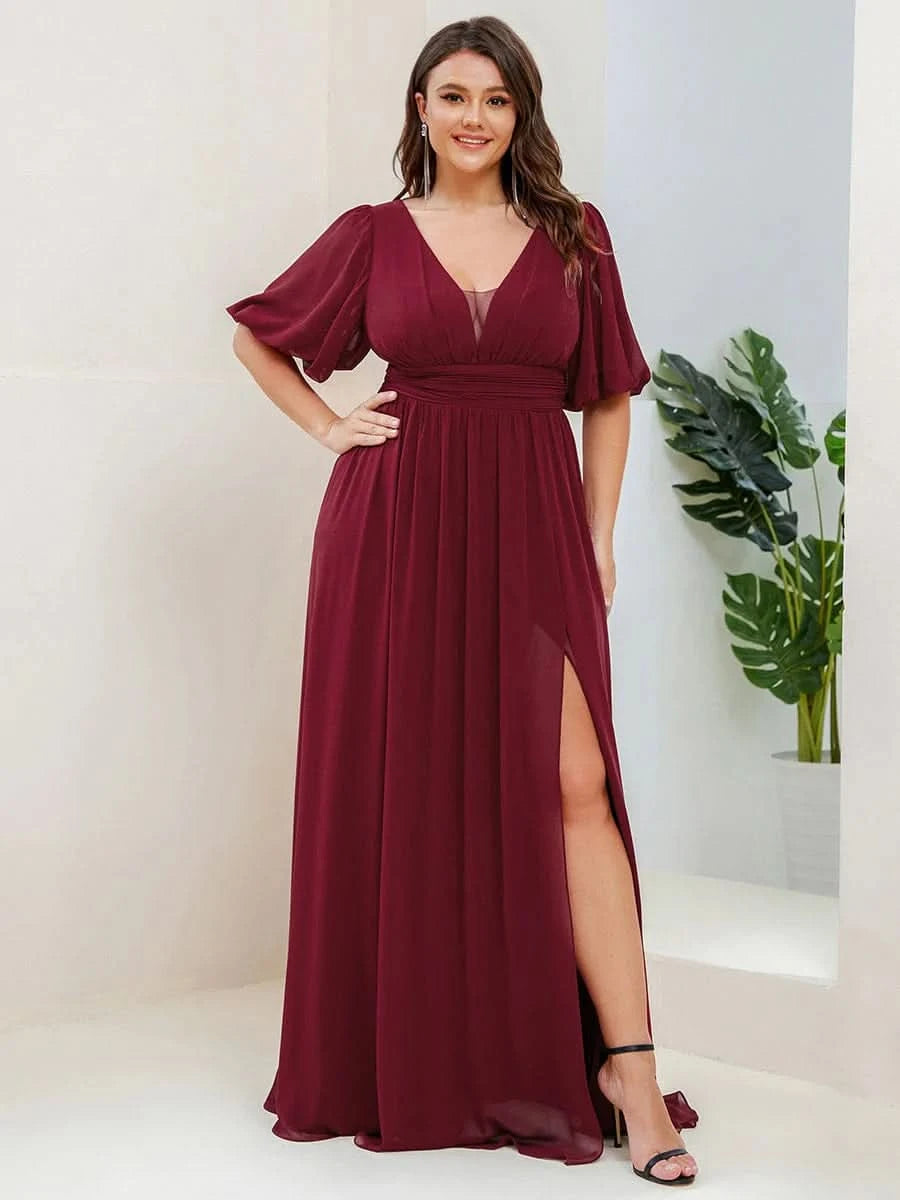 Größe Nach Maß Kurzärmliges Chiffon-Abendkleid mit V-Ausschnitt und Schlitz 01385