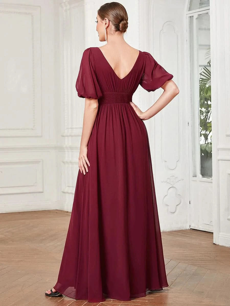 Größe Nach Maß Kurzärmliges Chiffon-Abendkleid mit V-Ausschnitt und Schlitz 01385