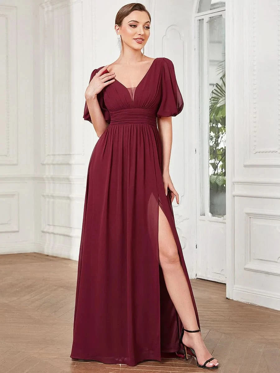 Größe Nach Maß Kurzärmliges Chiffon-Abendkleid mit V-Ausschnitt und Schlitz 01385
