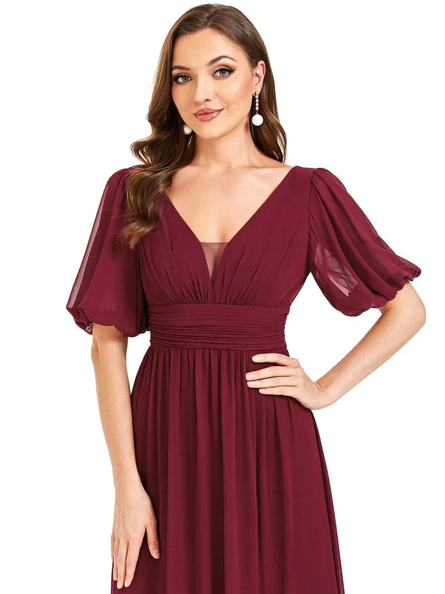 Größe Nach Maß Kurzärmliges Chiffon-Abendkleid mit V-Ausschnitt und Schlitz 01385