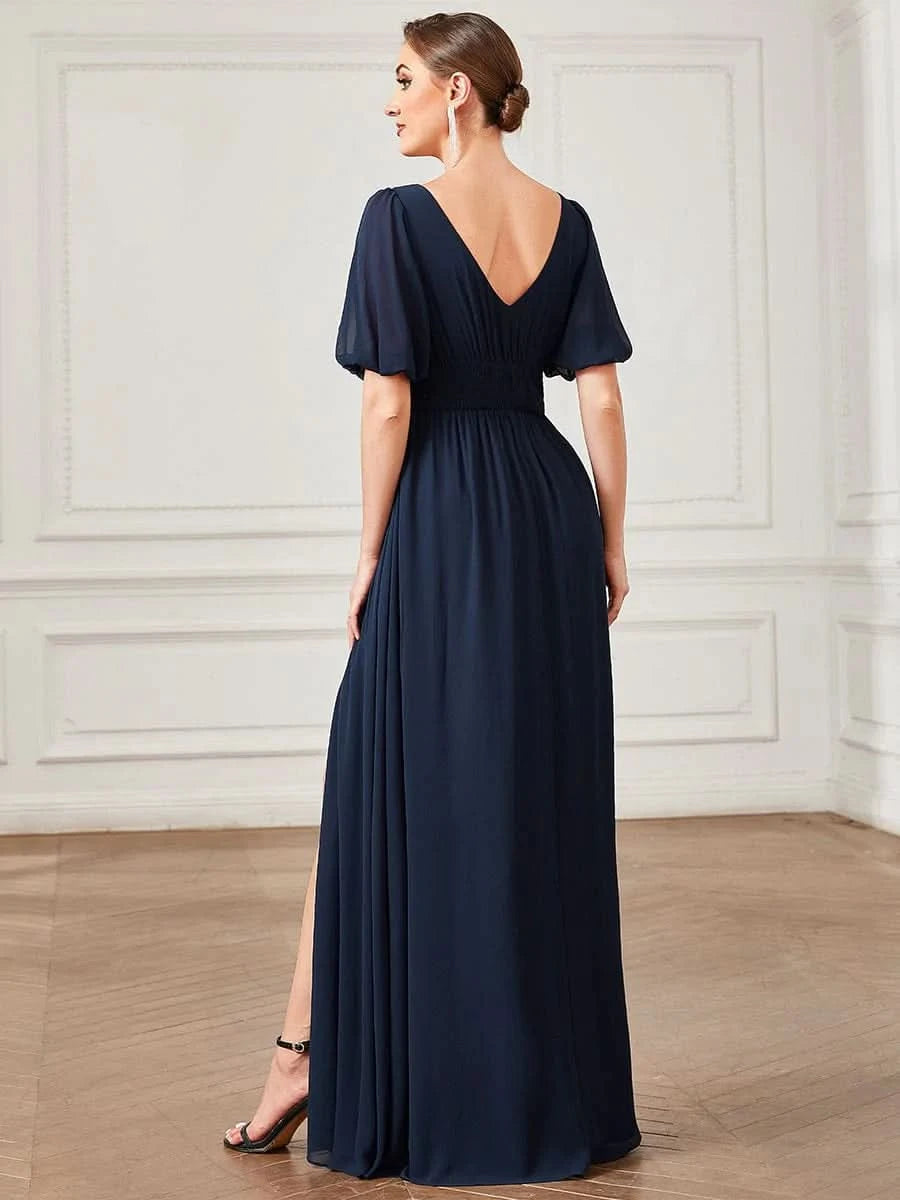Größe Nach Maß Kurzärmliges Chiffon-Abendkleid mit V-Ausschnitt und Schlitz 01385
