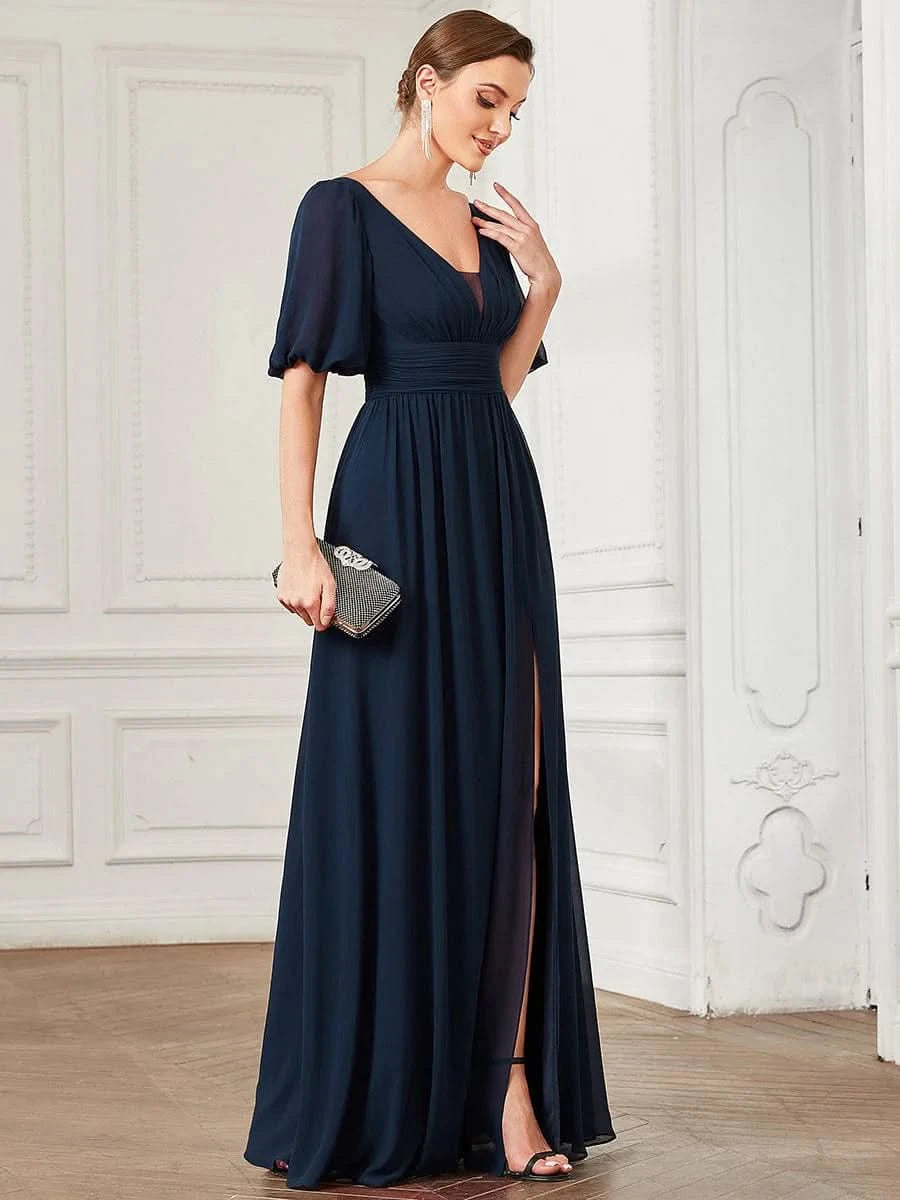 Größe Nach Maß Kurzärmliges Chiffon-Abendkleid mit V-Ausschnitt und Schlitz 01385