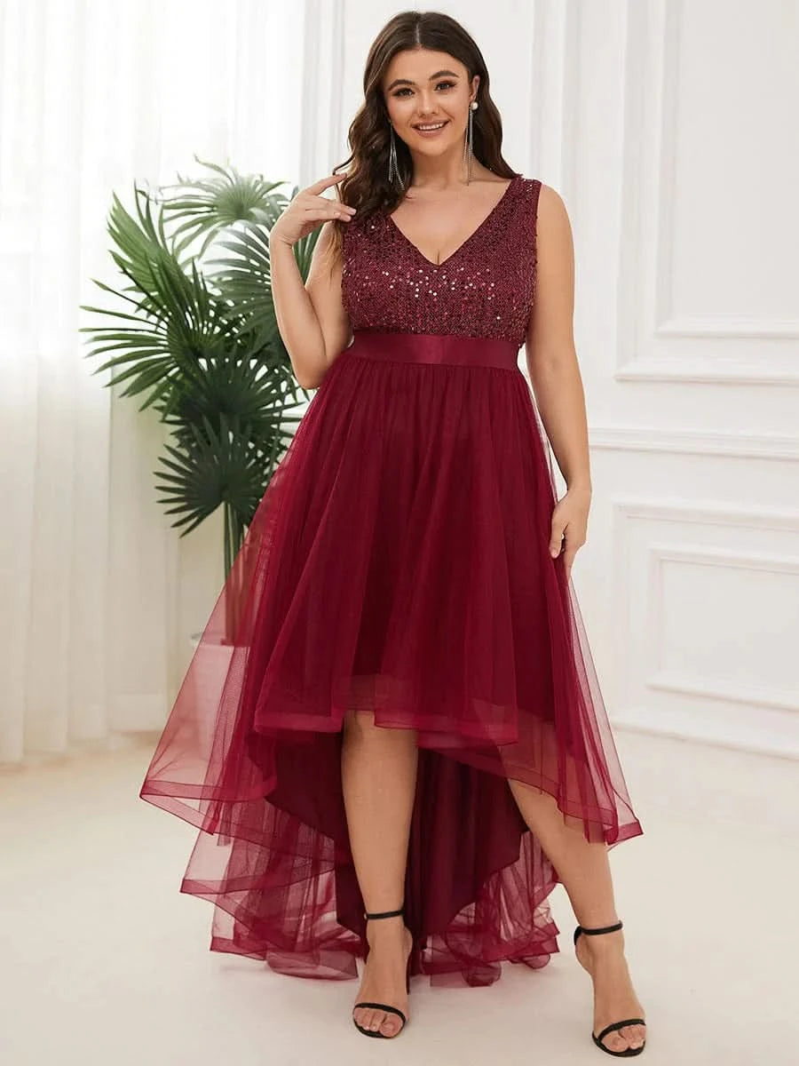 Größe Nach Maß V-Ausschnitt Tulle high-low Paillettenkleider Sleeveless Abendkleider 0147A