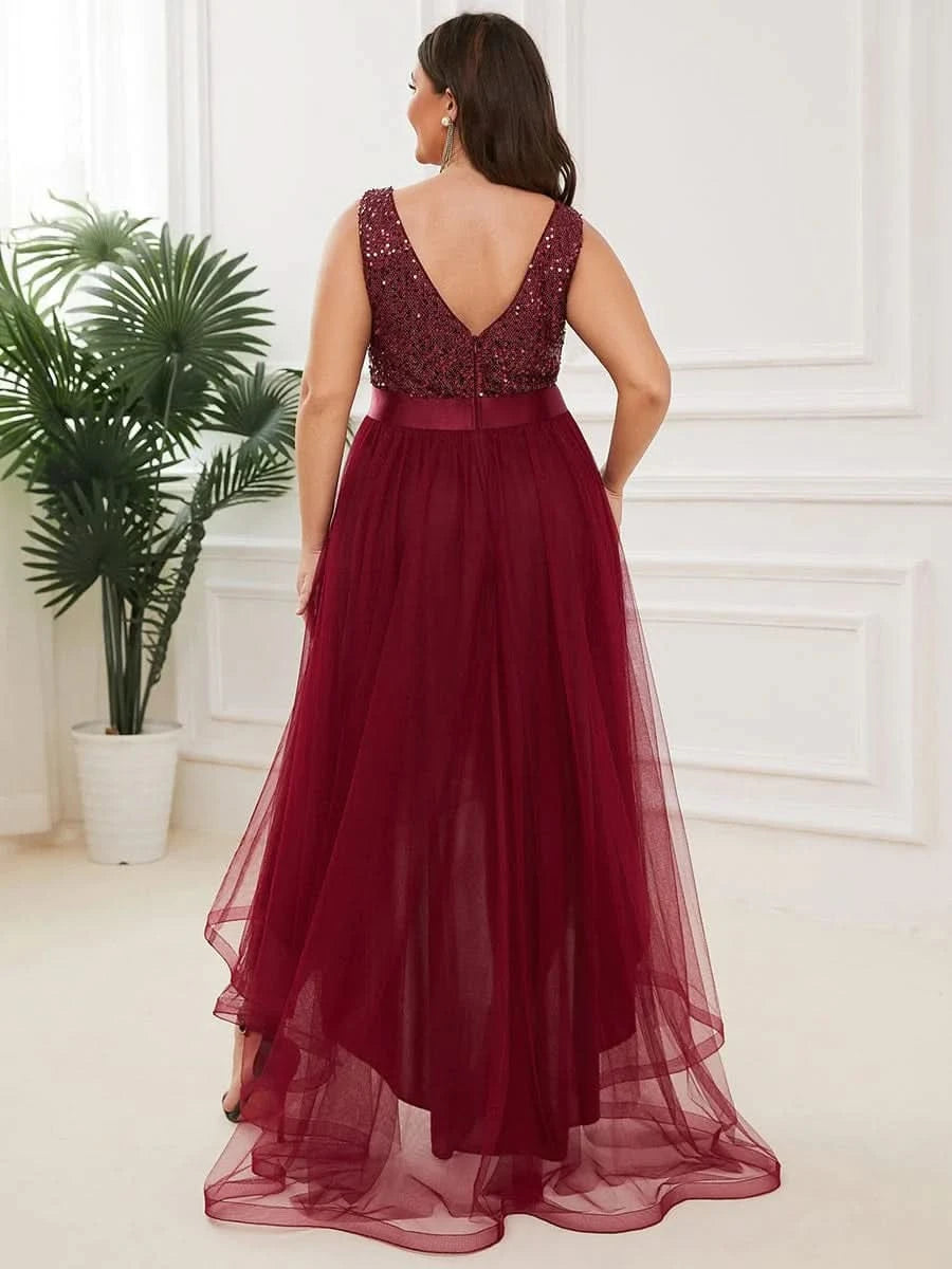 Größe Nach Maß V-Ausschnitt Tulle high-low Paillettenkleider Sleeveless Abendkleider 0147A