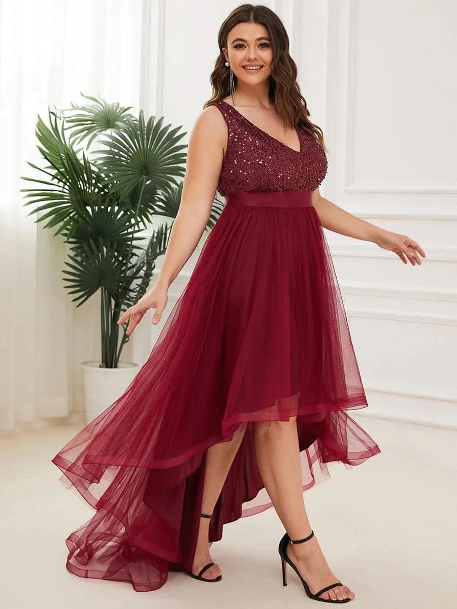 Größe Nach Maß V-Ausschnitt Tulle high-low Paillettenkleider Sleeveless Abendkleider 0147A