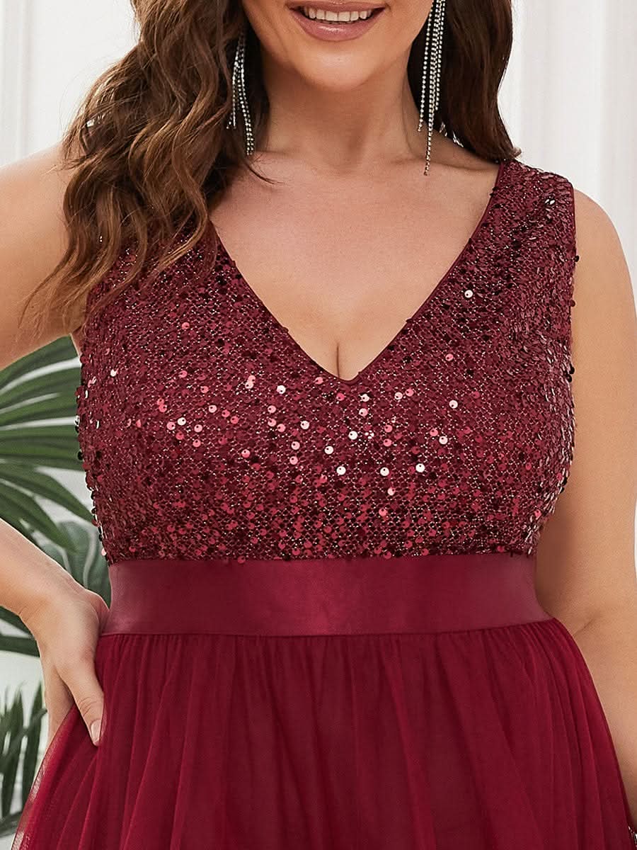 Größe Nach Maß V-Ausschnitt Tulle high-low Paillettenkleider Sleeveless Abendkleider 0147A