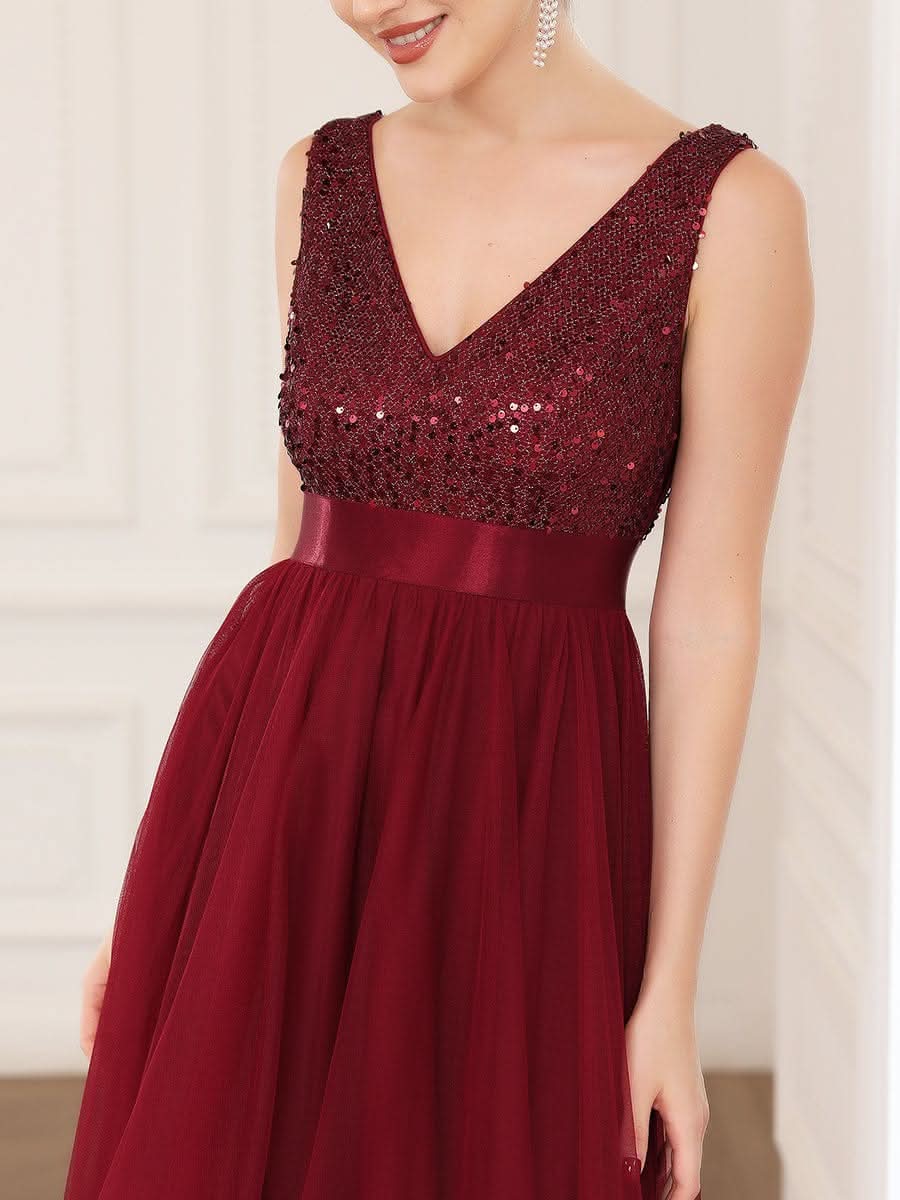 V-Ausschnitt Tulle high-low Paillettenkleider Sleeveless Abendkleider #farbe_Burgundy