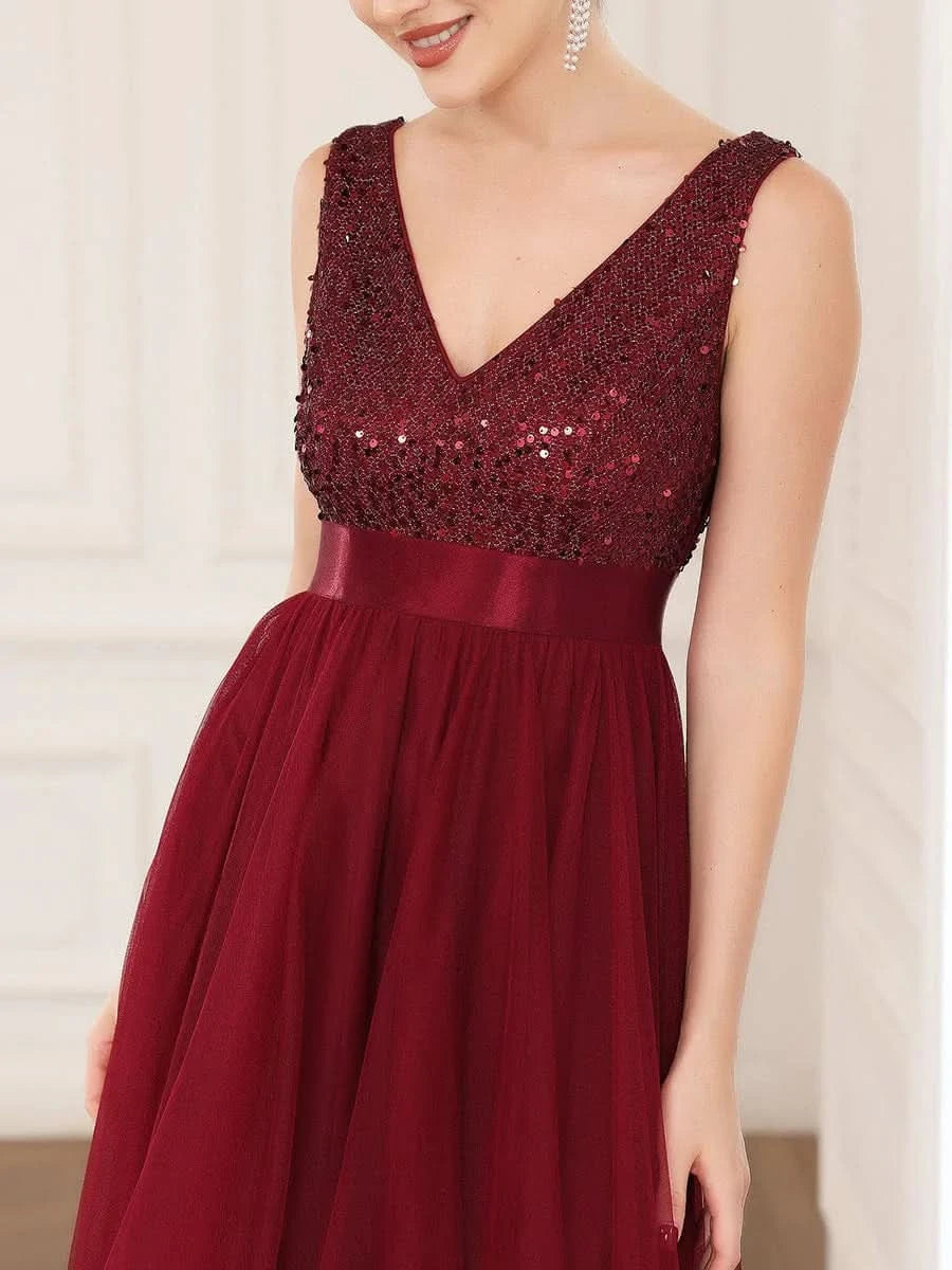Größe Nach Maß V-Ausschnitt Tulle high-low Paillettenkleider Sleeveless Abendkleider 0147A