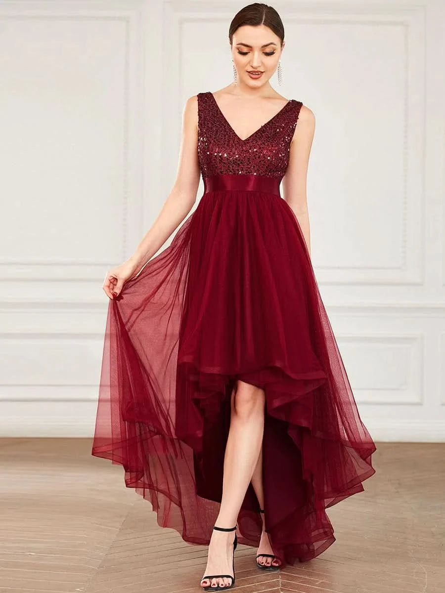 Größe Nach Maß V-Ausschnitt Tulle high-low Paillettenkleider Sleeveless Abendkleider 0147A