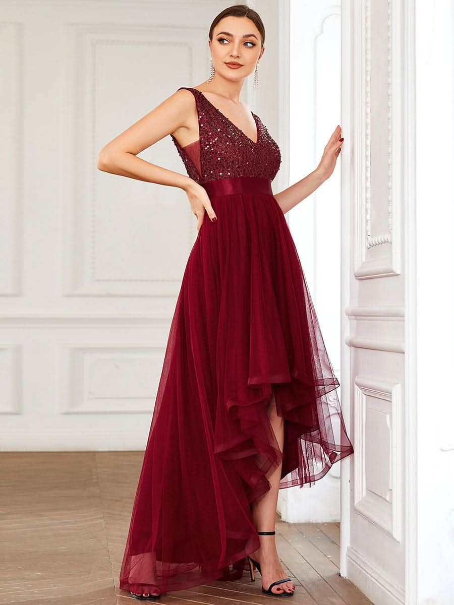 V-Ausschnitt Tulle high-low Paillettenkleider Sleeveless Abendkleider #farbe_Burgundy