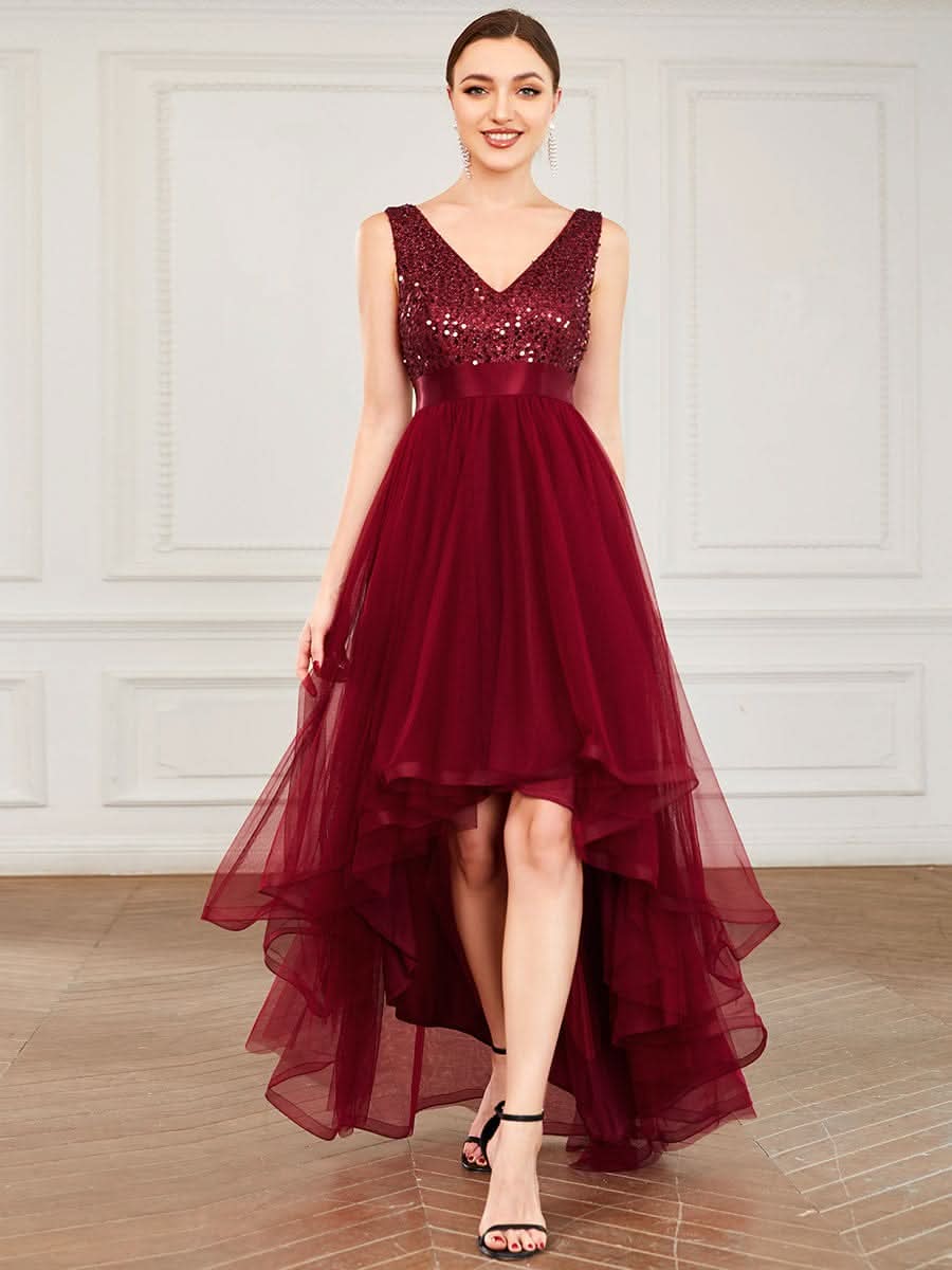 V-Ausschnitt Tulle high-low Paillettenkleider Sleeveless Abendkleider #farbe_Burgundy