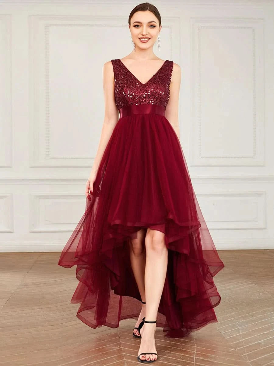 Größe Nach Maß V-Ausschnitt Tulle high-low Paillettenkleider Sleeveless Abendkleider 0147A