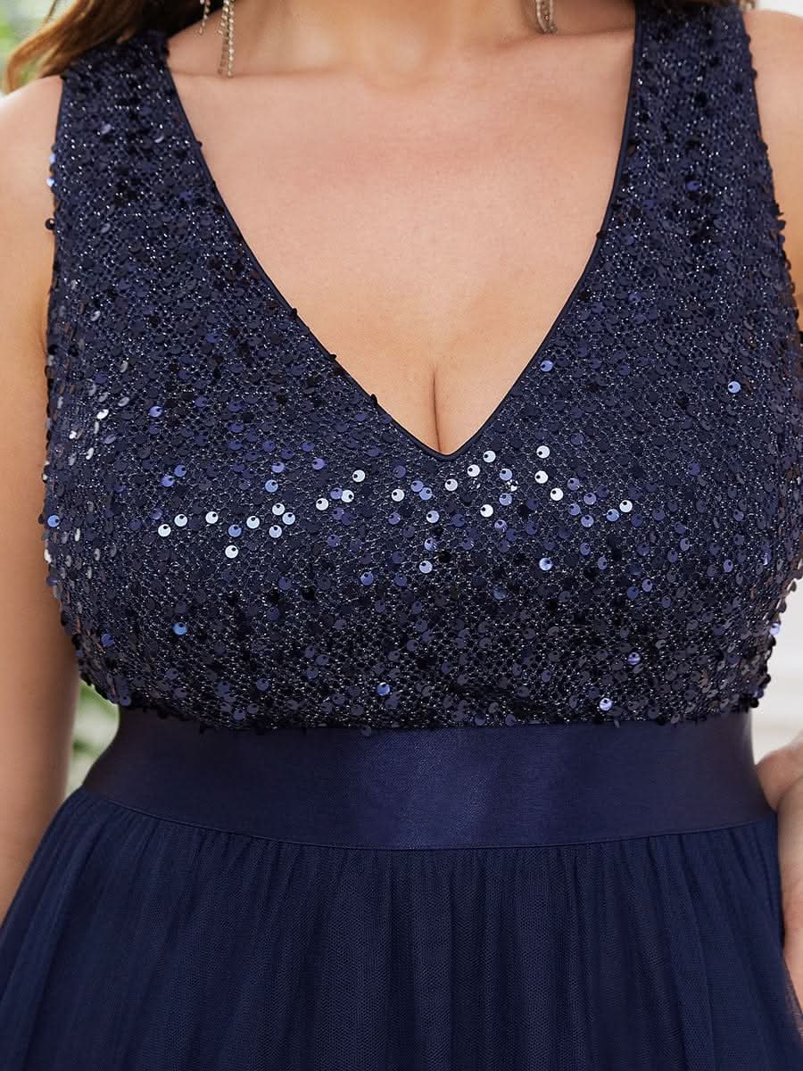 übergröße ärmelloses High-Low-Abendkleid mit V-Ausschnitt und Pailletten #farbe_navy blau