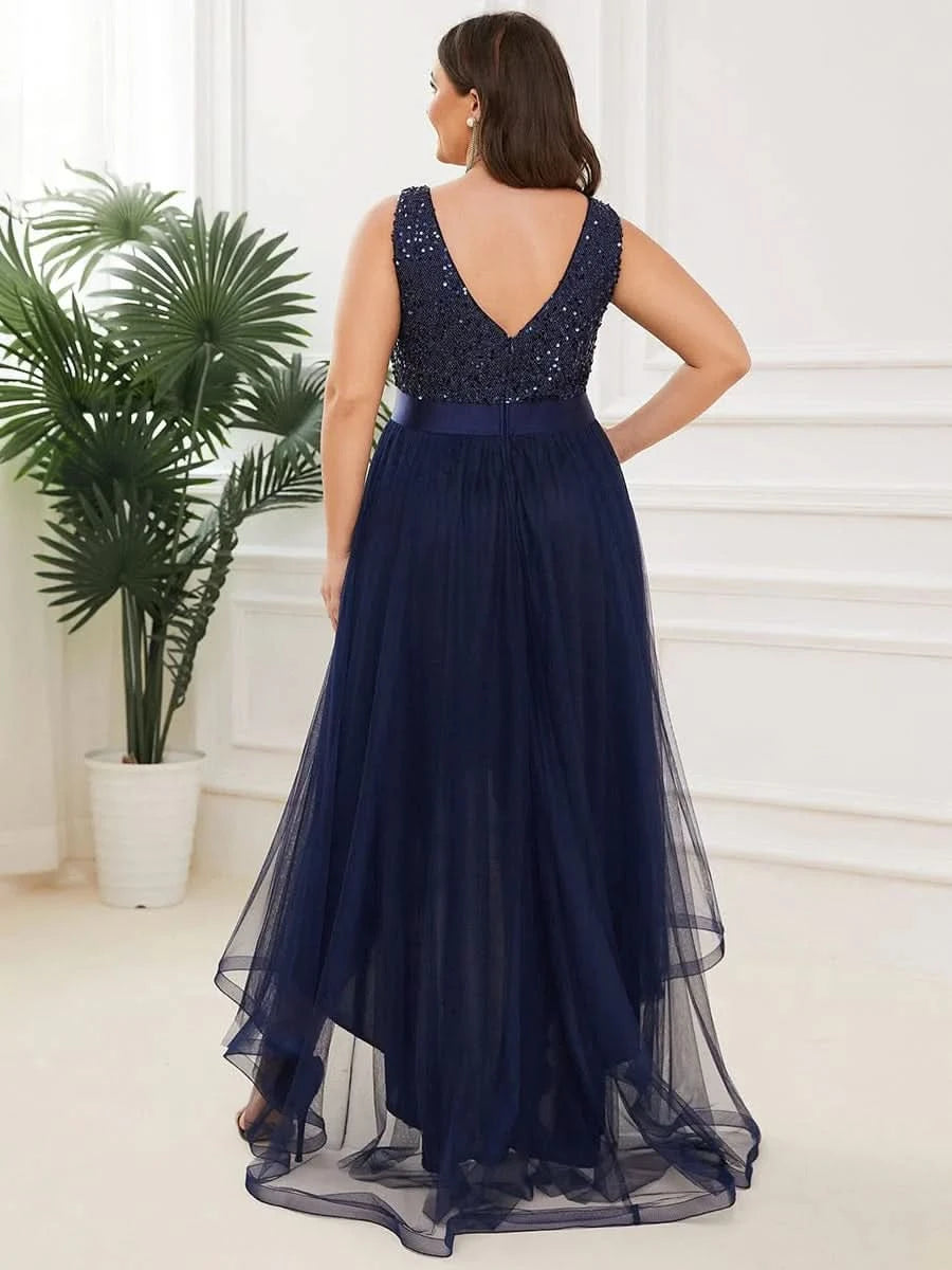 Größe Nach Maß V-Ausschnitt Tulle high-low Paillettenkleider Sleeveless Abendkleider 0147A
