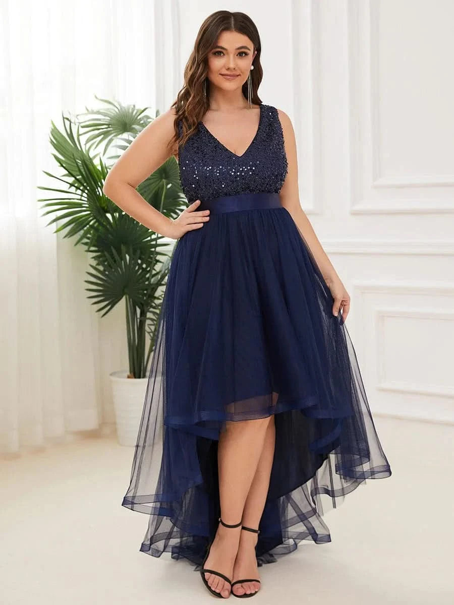 Größe Nach Maß V-Ausschnitt Tulle high-low Paillettenkleider Sleeveless Abendkleider 0147A