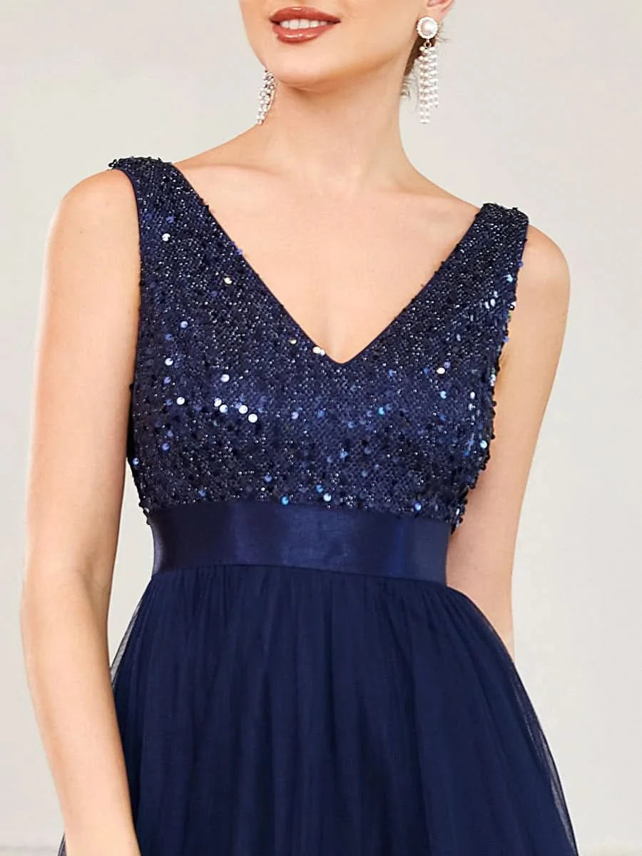 Größe Nach Maß V-Ausschnitt Tulle high-low Paillettenkleider Sleeveless Abendkleider 0147A