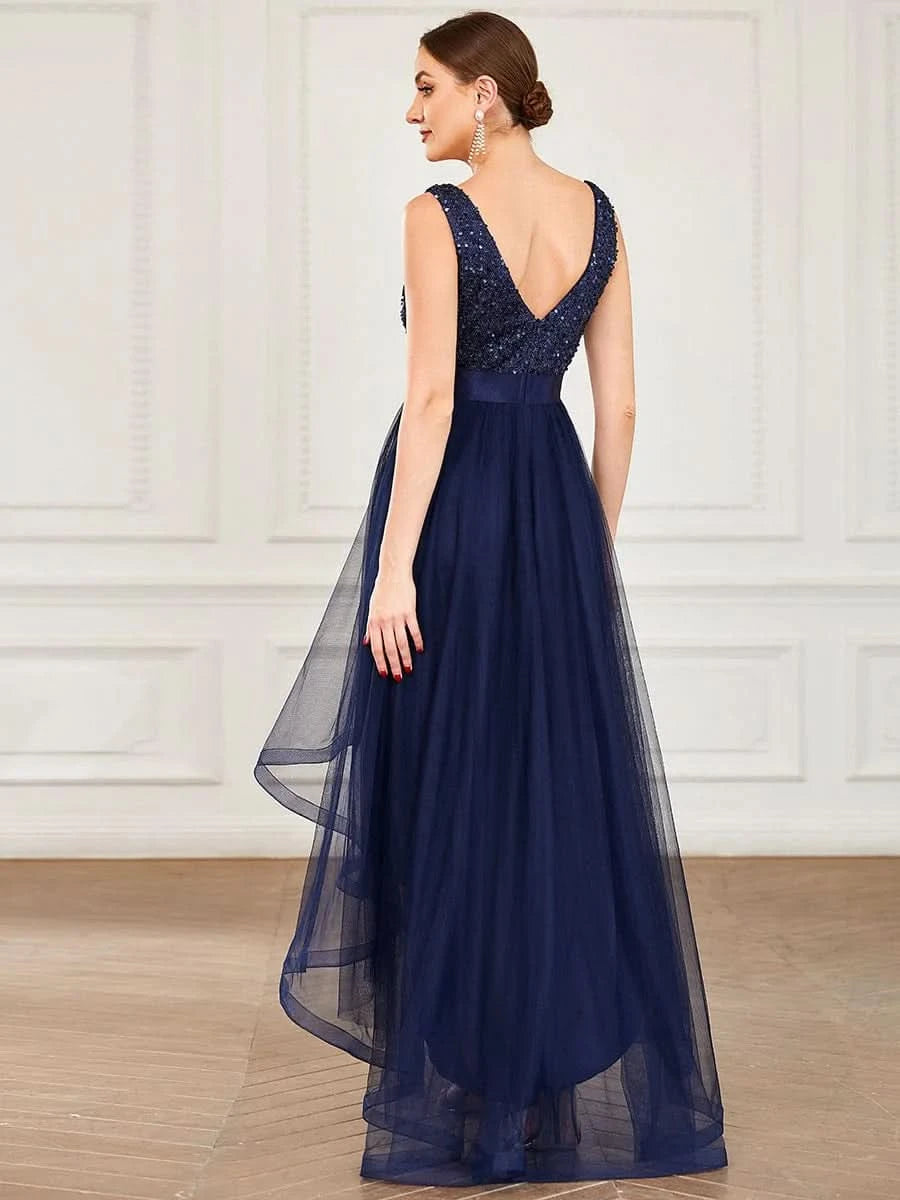 Größe Nach Maß V-Ausschnitt Tulle high-low Paillettenkleider Sleeveless Abendkleider 0147A