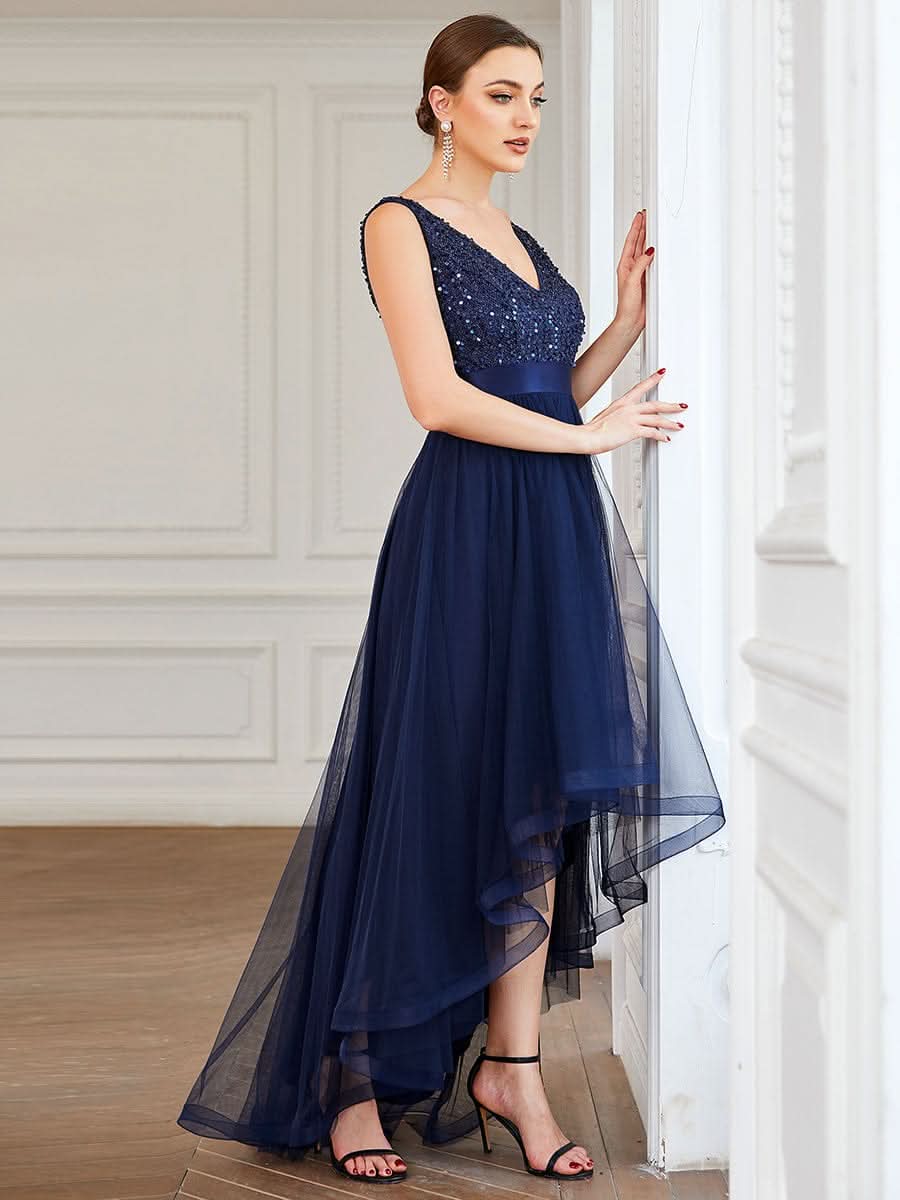V-Ausschnitt Tulle high-low Paillettenkleider Sleeveless Abendkleider #farbe_navy blau