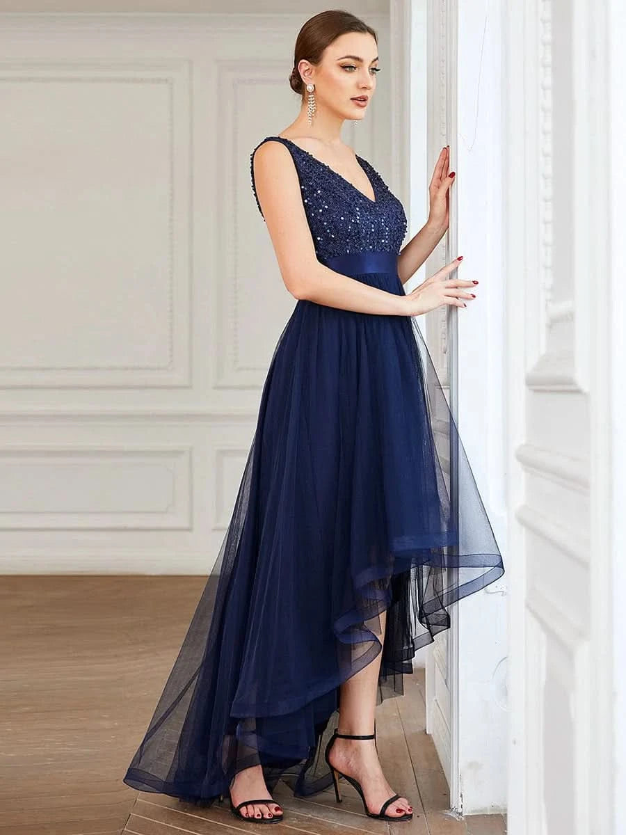 Größe Nach Maß V-Ausschnitt Tulle high-low Paillettenkleider Sleeveless Abendkleider 0147A