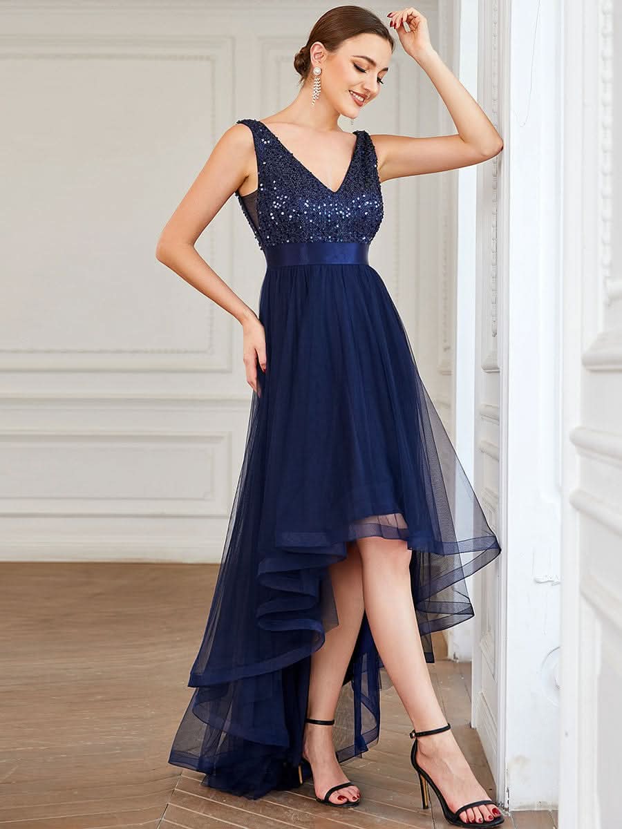 V-Ausschnitt Tulle high-low Paillettenkleider Sleeveless Abendkleider #farbe_navy blau