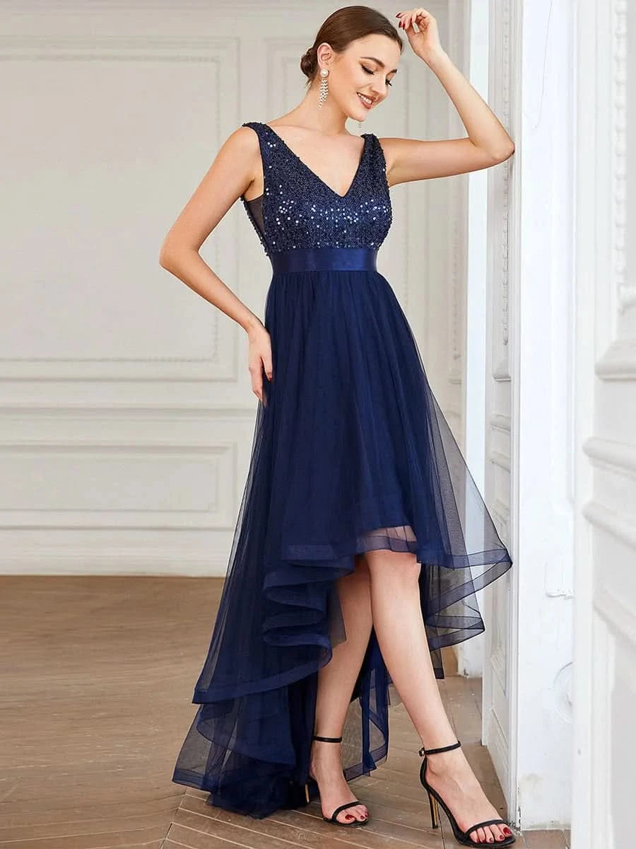 Größe Nach Maß V-Ausschnitt Tulle high-low Paillettenkleider Sleeveless Abendkleider 0147A